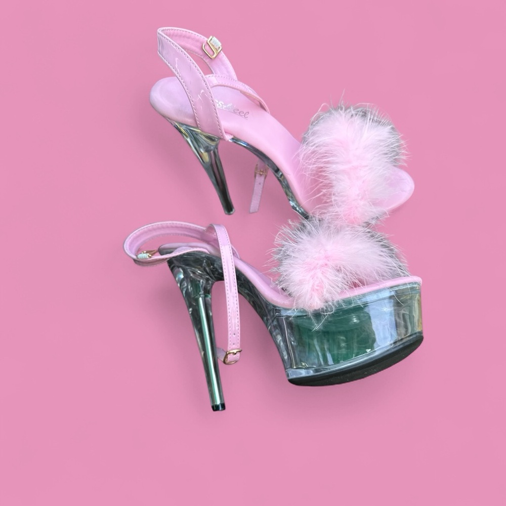New Women’s Patent  Pink Platform Heels 6” back 2”toe with Feathers 7.5 dancers